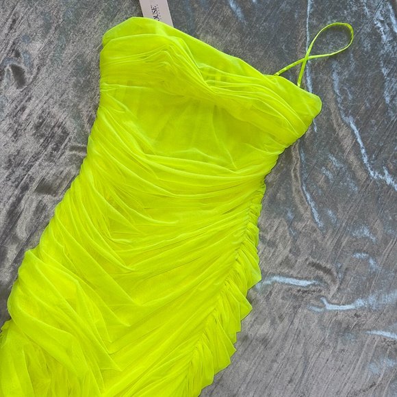 House of CB "Ella" Neon Green Ruched Organza Mesh Mini Dress - Picture 4 of 6